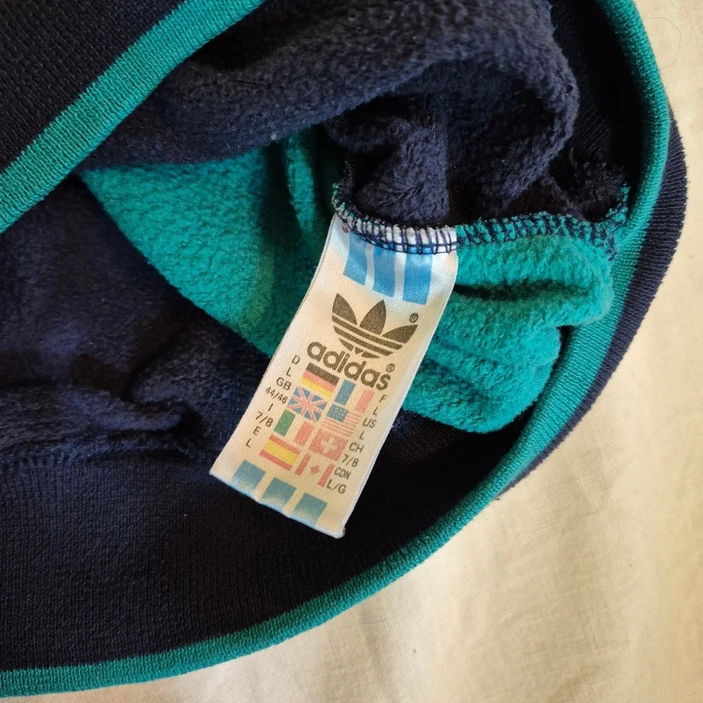 Vintage Adidas Sweatshirt L Teal Colorblock 90s Mock Neck Trefoil Spellout Retro